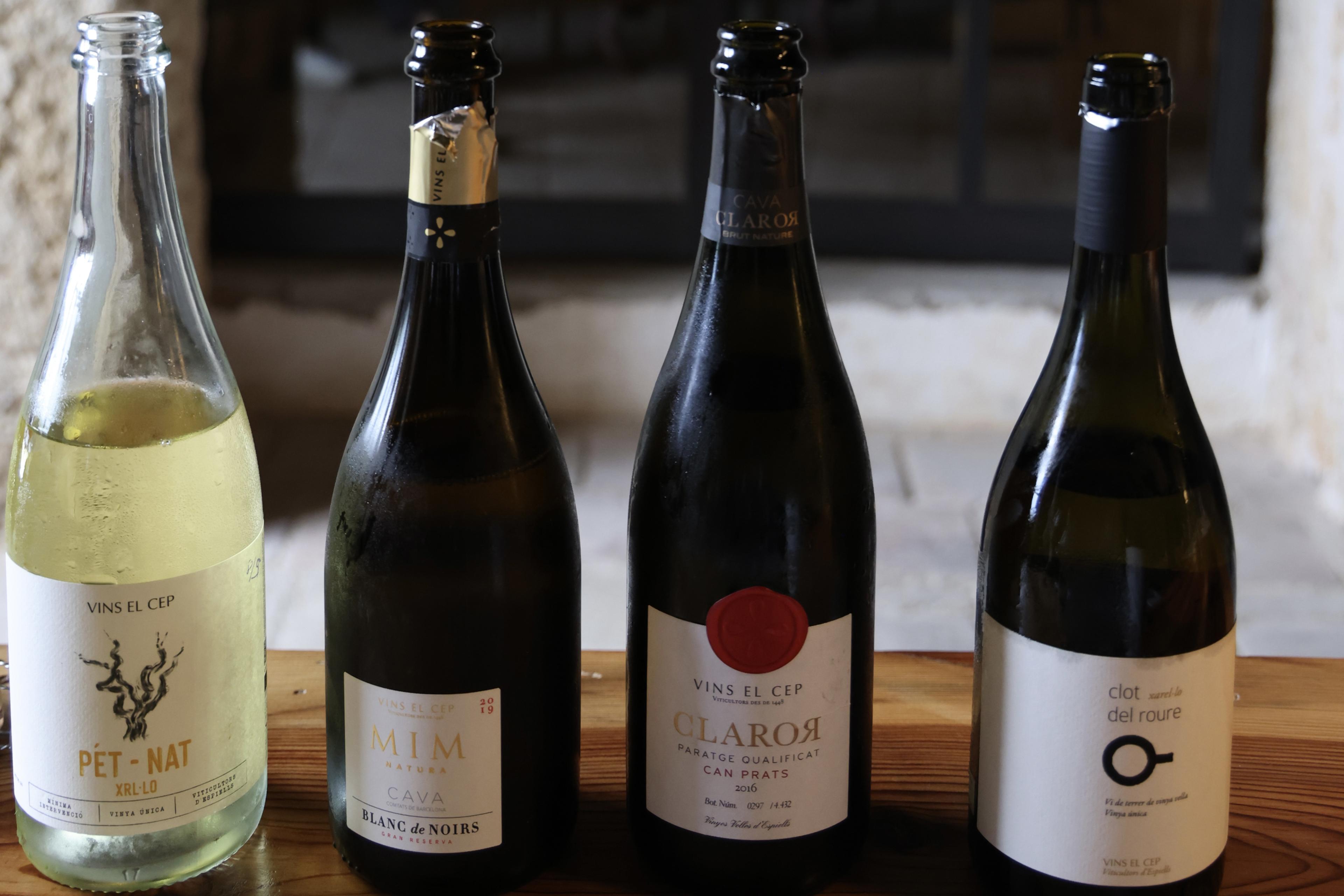 Four Vins el Cep bottles lined up on a wooden surface: Pét-Nat XRL·LO, MIM Natura Cava Blanc de Noirs 2019, Claror Paratge Qualificat Can Prats 2016, and Clot del Roure.
