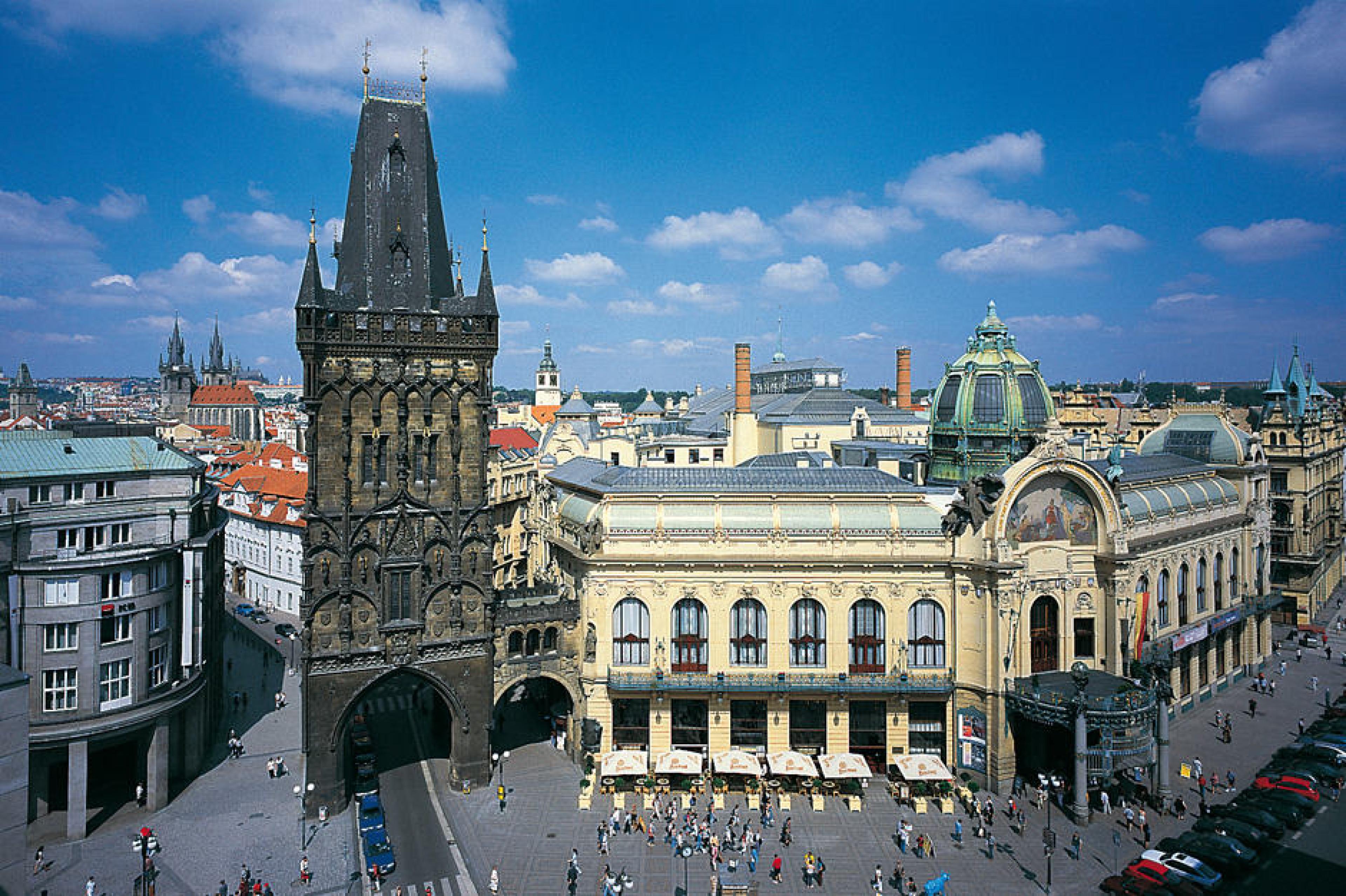 aerial view of municipal house with town square in front of it