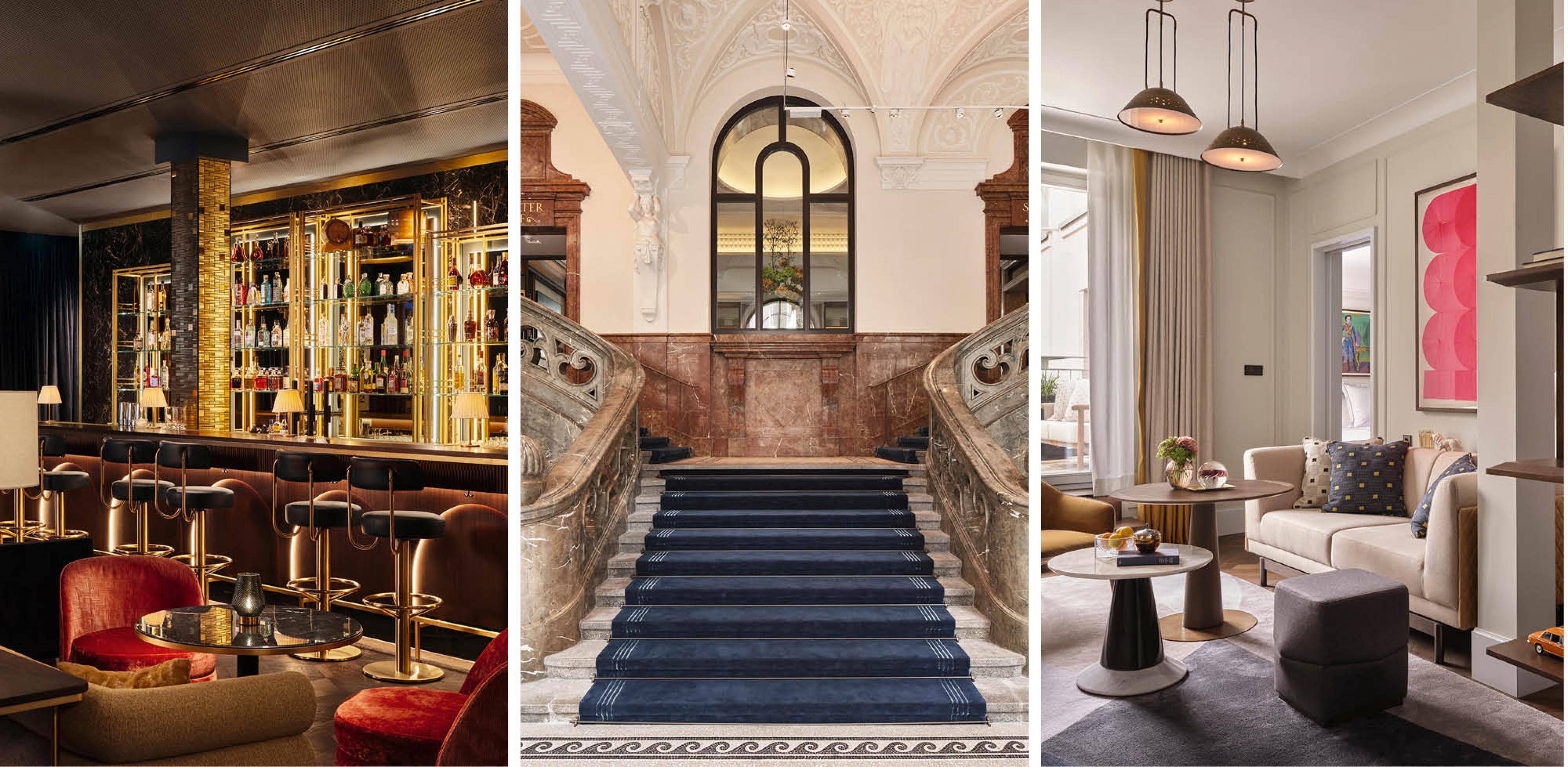 Bar Montez; the hotel entrance; the sitting room of a suite, all at the Rosewood Munich. 