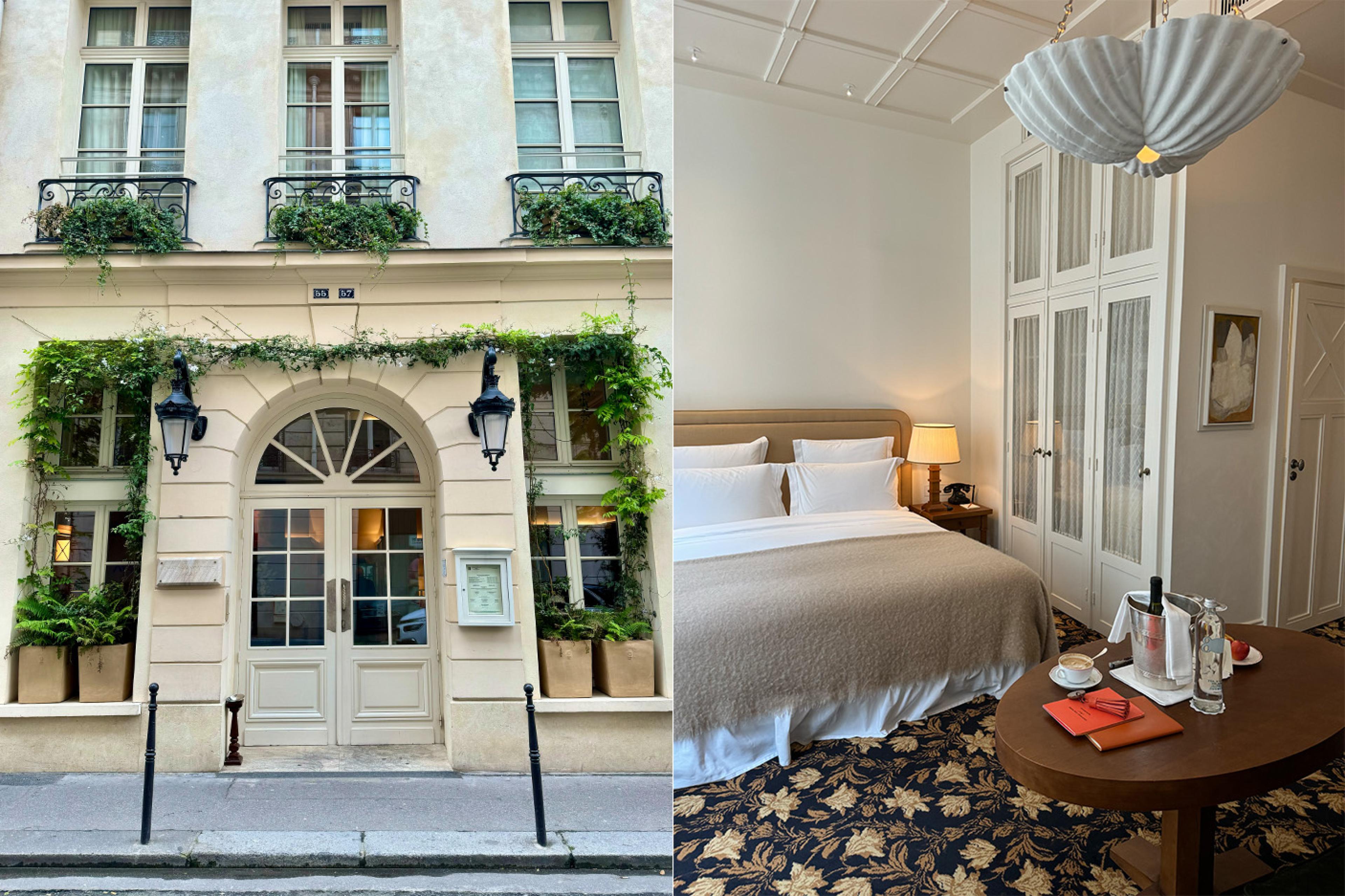 french building exterior with greenery around the door and a  hotel room with a shell ceiling lamp