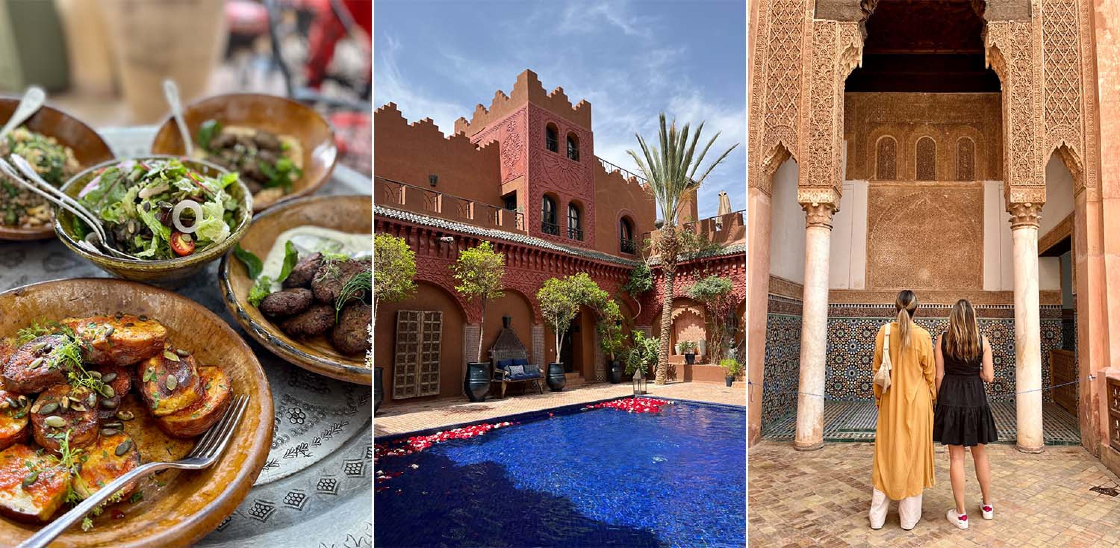 three images: one of food, one of a pool and one of two women looking at Moorish architecture